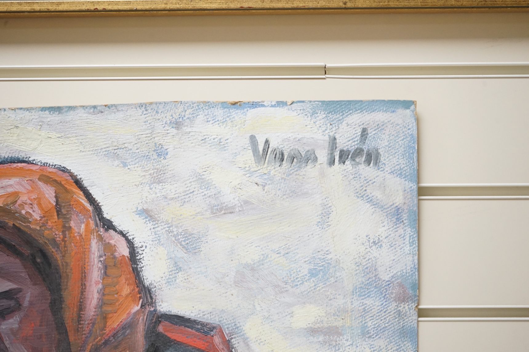 Vass Ireni ?, Hungarian School, oil on board, Study of a farm worker, indistinctly signed, inscribed and National Gallery export stamp of Hungary verso, 72 x 50cm, unframed